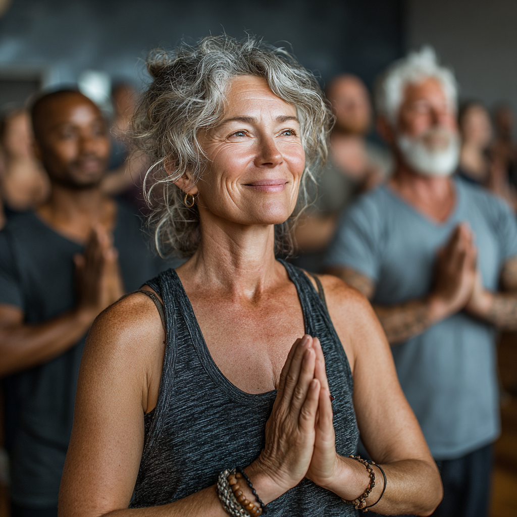 Group of adults aged 45-55 practicing yoga together in a bright studio, diverse group in various yoga poses, smiling and engaged, supportive community atmosphere