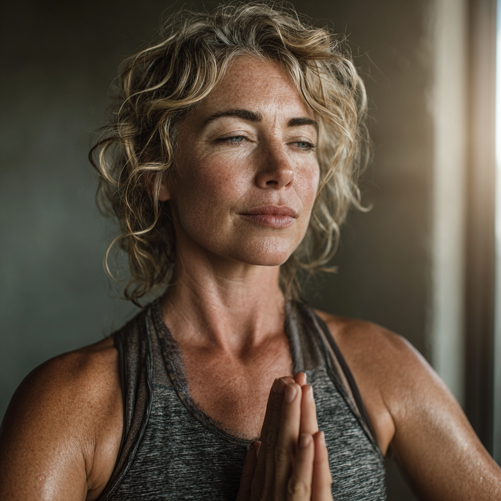 Mature woman in her late 40s practicing yoga tree pose in a peaceful studio with natural lighting, wearing comfortable athletic wear, focused and serene expression