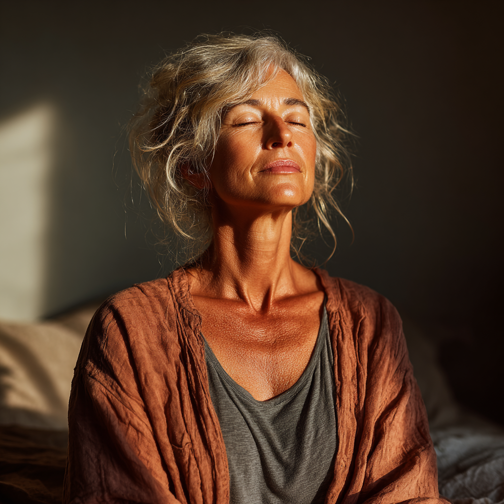 Peaceful meditation session with a woman in her early 50s sitting in lotus position, eyes closed, serene expression, soft natural lighting creating a calming atmosphere
